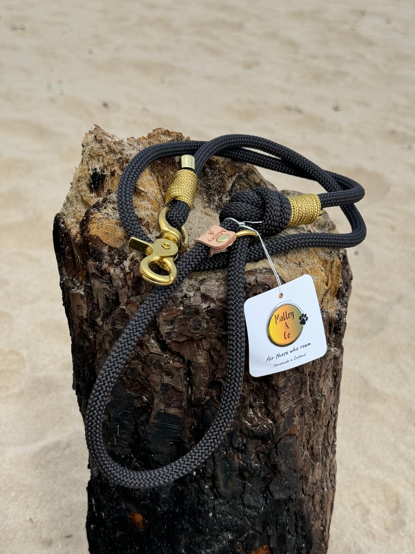 Anthracite / dark grey rope lead paired with brass hardware & scissor clip pictured against a sandy backdrop 